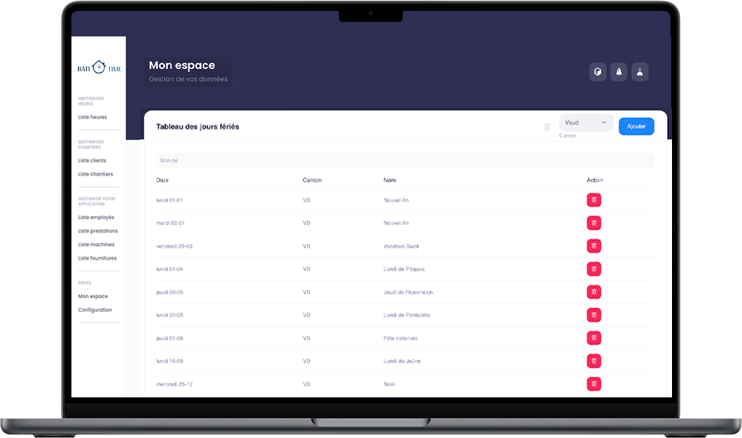 Tableau des jours fériés avec dates et cantons, interface de Batitime pour gérer les congés des employés