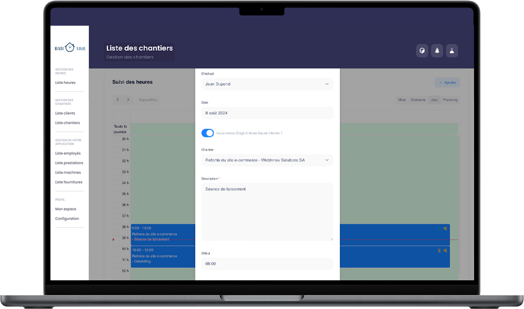 Interface de Batitime pour ajouter des heures internes avec suivi détaillé du projet et des tâches effectuées